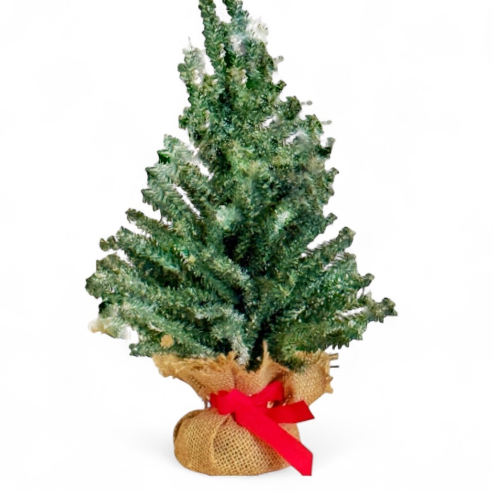 NWT Green /light snowArtificial Tree with Burlap w red ribbon. - Picture 2 of 6